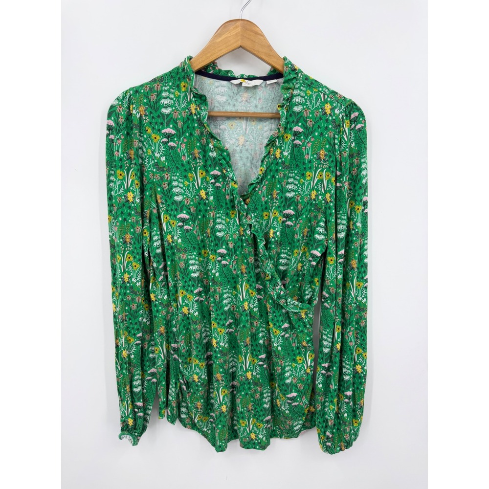 Boden faux Wrap Front Blouse sz 16/18 Green Floral Ruffle Long Sleeve Jersey Top
